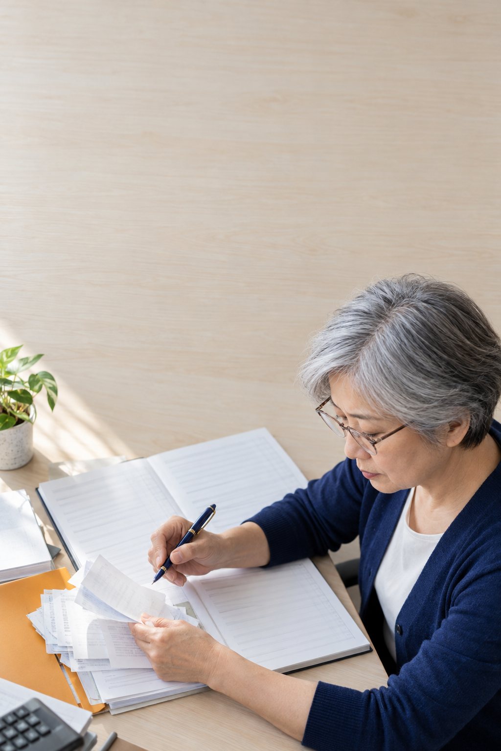 記帳士在桌前對照收據，整理帳冊